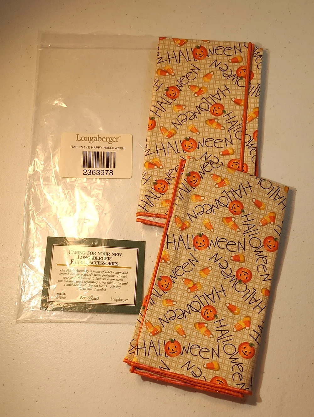 Longaberger Set Of 2 Happy Halloween Fabric Napkins With Orange Trim New In Pack